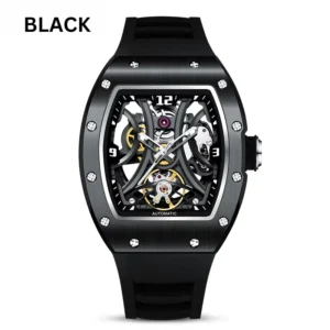 RM-Inspired Open-Heart Skeleton Automatic Watch – Tonneau Case with Exhibition Dial (White, Cyan, Rose Gold, Silver, Black, Carbon Black)