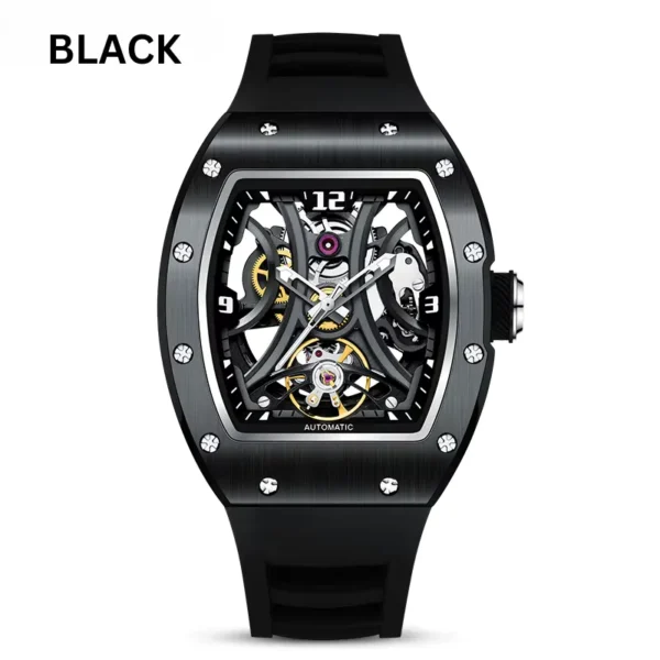 RM-Inspired Open-Heart Skeleton Automatic Watch – Tonneau Case with Exhibition Dial (White, Cyan, Rose Gold, Silver, Black, Carbon Black)