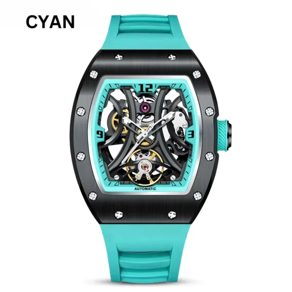 RM-Inspired Open-Heart Skeleton Automatic Watch – Tonneau Case with Exhibition Dial (White, Cyan, Rose Gold, Silver, Black, Carbon Black) - Image 4