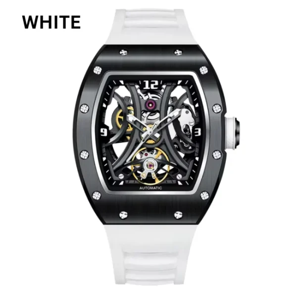 RM-Inspired Open-Heart Skeleton Automatic Watch – Tonneau Case with Exhibition Dial (White, Cyan, Rose Gold, Silver, Black, Carbon Black) - Image 5