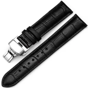 Black Leather Watch Strap with Butterfly Deployant Clasp – 20mm