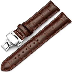 Brown Leather Watch Strap with Butterfly Deployant Clasp – 20mm