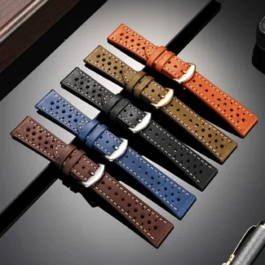 Vintage Rally Racing Perforated Leather Watch Strap with Contrast Stitching