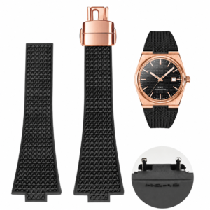 Premium FKM Rubber Strap for Tissot PRX – Premium Integrated Fit (40mm, Black with Rose Gold Clasp)