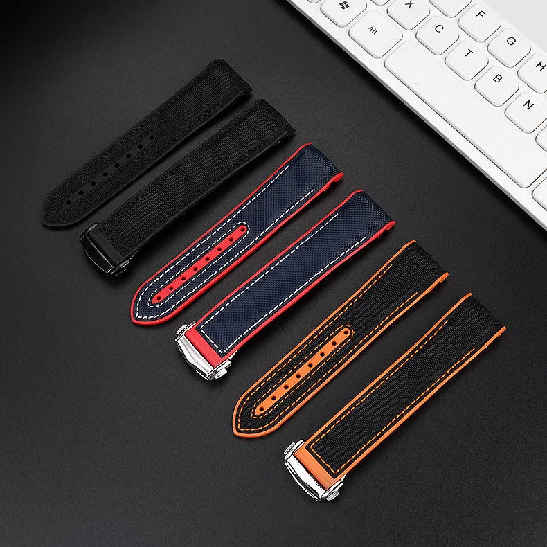 Curved End Nylon Fabric Hybrid Rubber Watch Strap with Deployment Clasp for Omega Seamaster