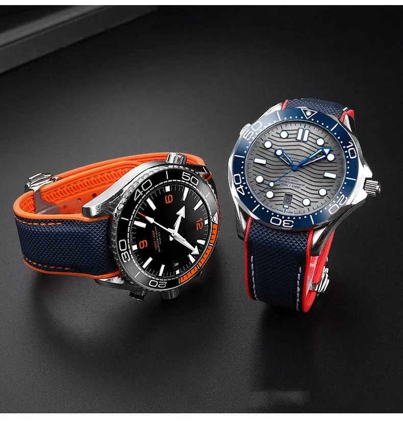 Curved End Nylon Fabric Hybrid Rubber Watch Strap with Deployment Clasp for Omega Seamaster - Image 5
