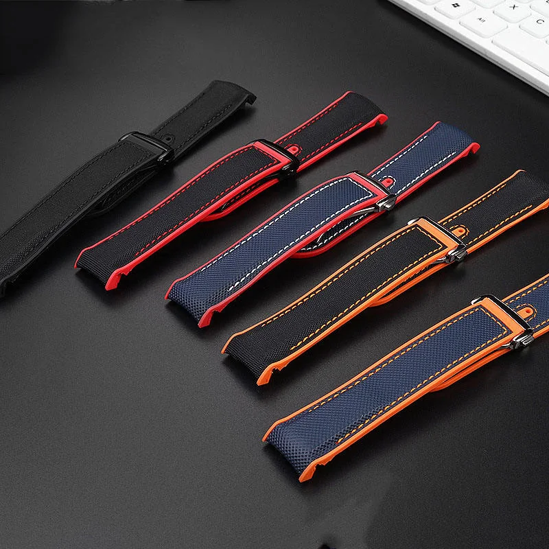 Curved End Nylon Fabric Hybrid Rubber Watch Strap with Deployment Clasp for Omega Seamaster - Image 2